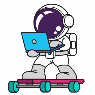 SEO Astronaut Expert Space explorer on skateboard, laptop in hand, navigating the SEO world
